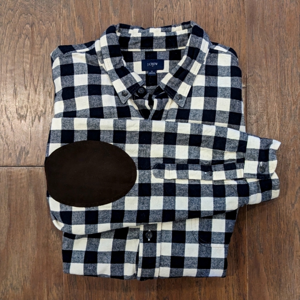 Men's J. Crew White/Black Buffalo Plaid Flannel Shirt with Elbow Patches XL